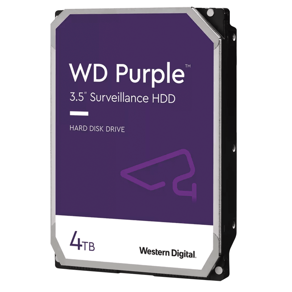 WD Purple Surveillance Hard Drive / 4TB / SATA 6Gb/s / 3.5" / AllFrame Technology / 180TB Annual Workload / Supports 64 HD Cameras / 16 Bays / Corrosion-Resistant Components / 3-Year Warranty
